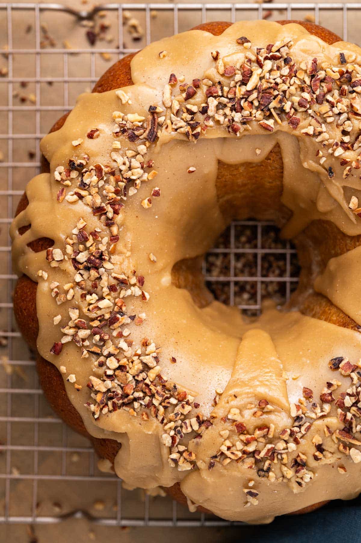 overhead view of brown sugar pound cake on a wire rack