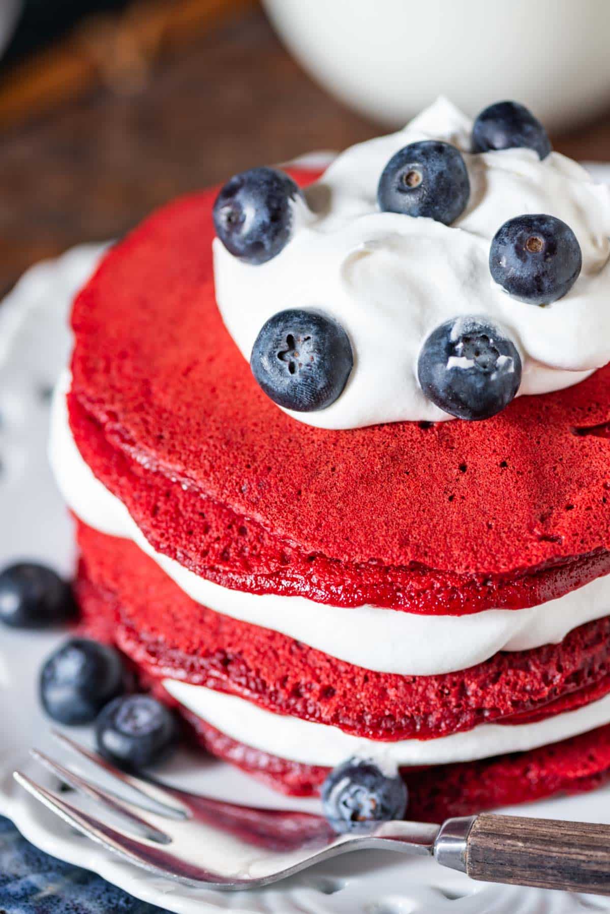 a stack of red velvet pancakes