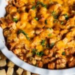 cheesy herb stuffing in a baking dish