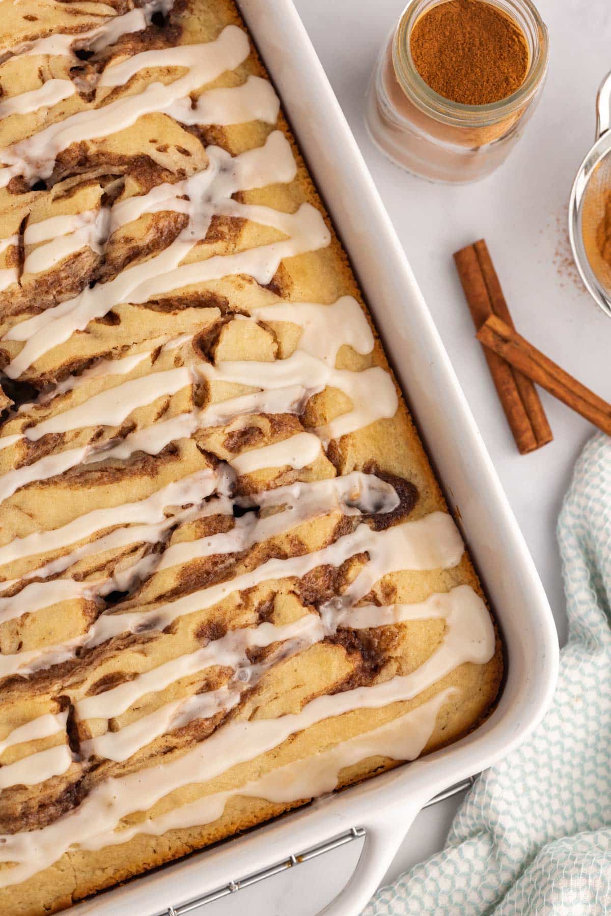 overhead view of cinnamon roll coffee cake