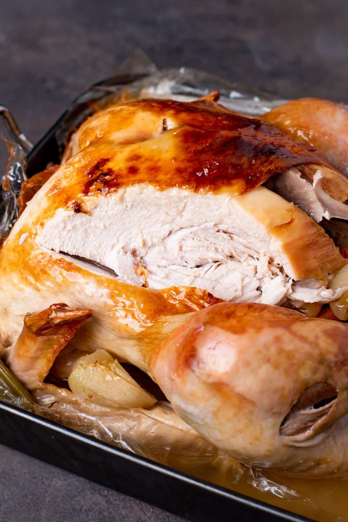 golden brown turkey cooked in a bag