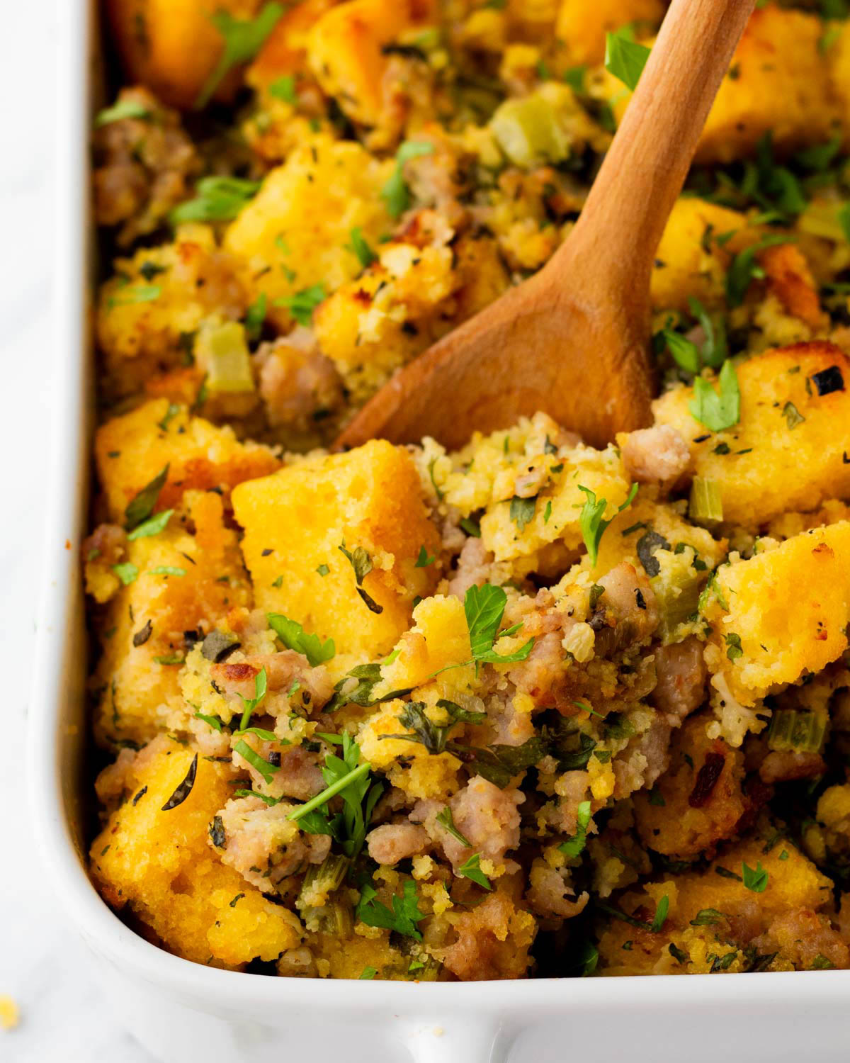 cornbread stuffing with jimmy dean stuffing in a pan