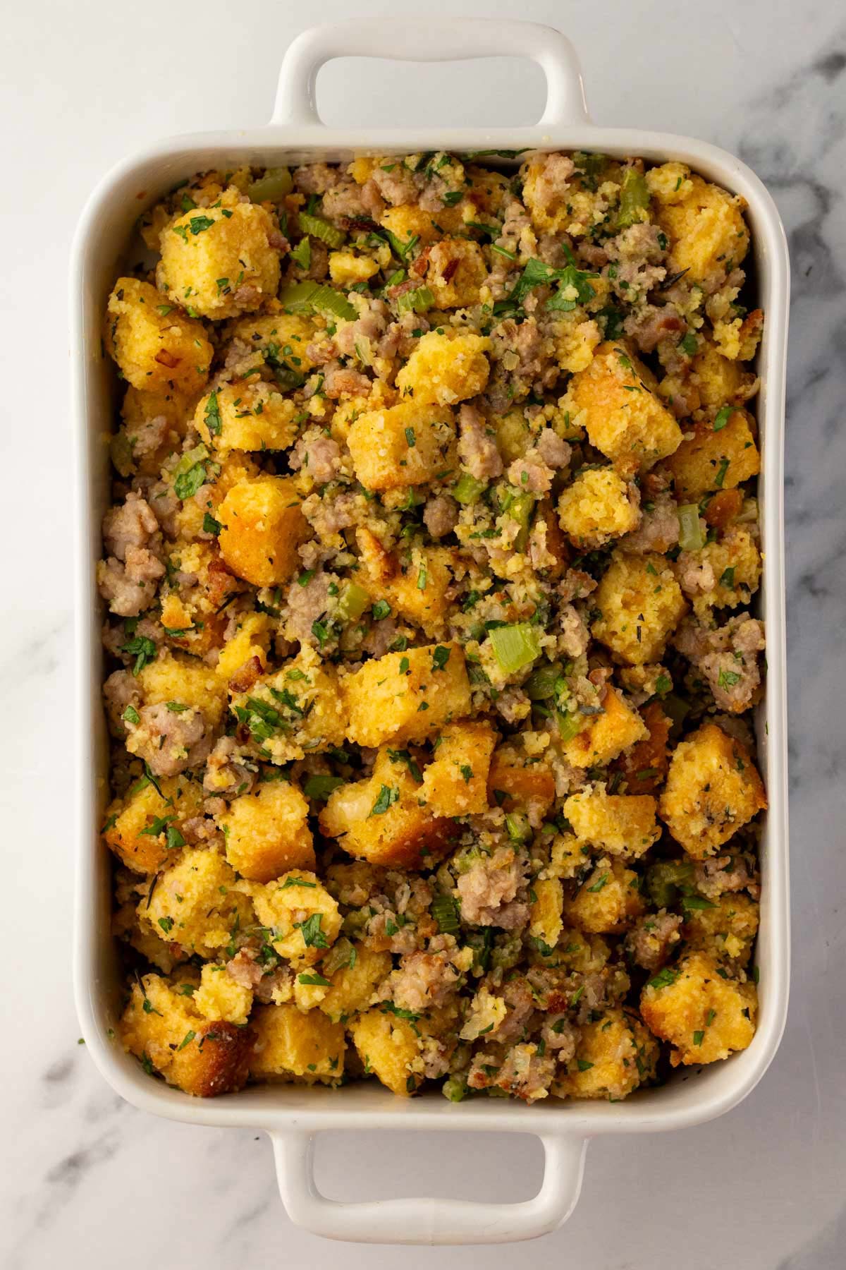 unbaked cornbread stuffing in a pan