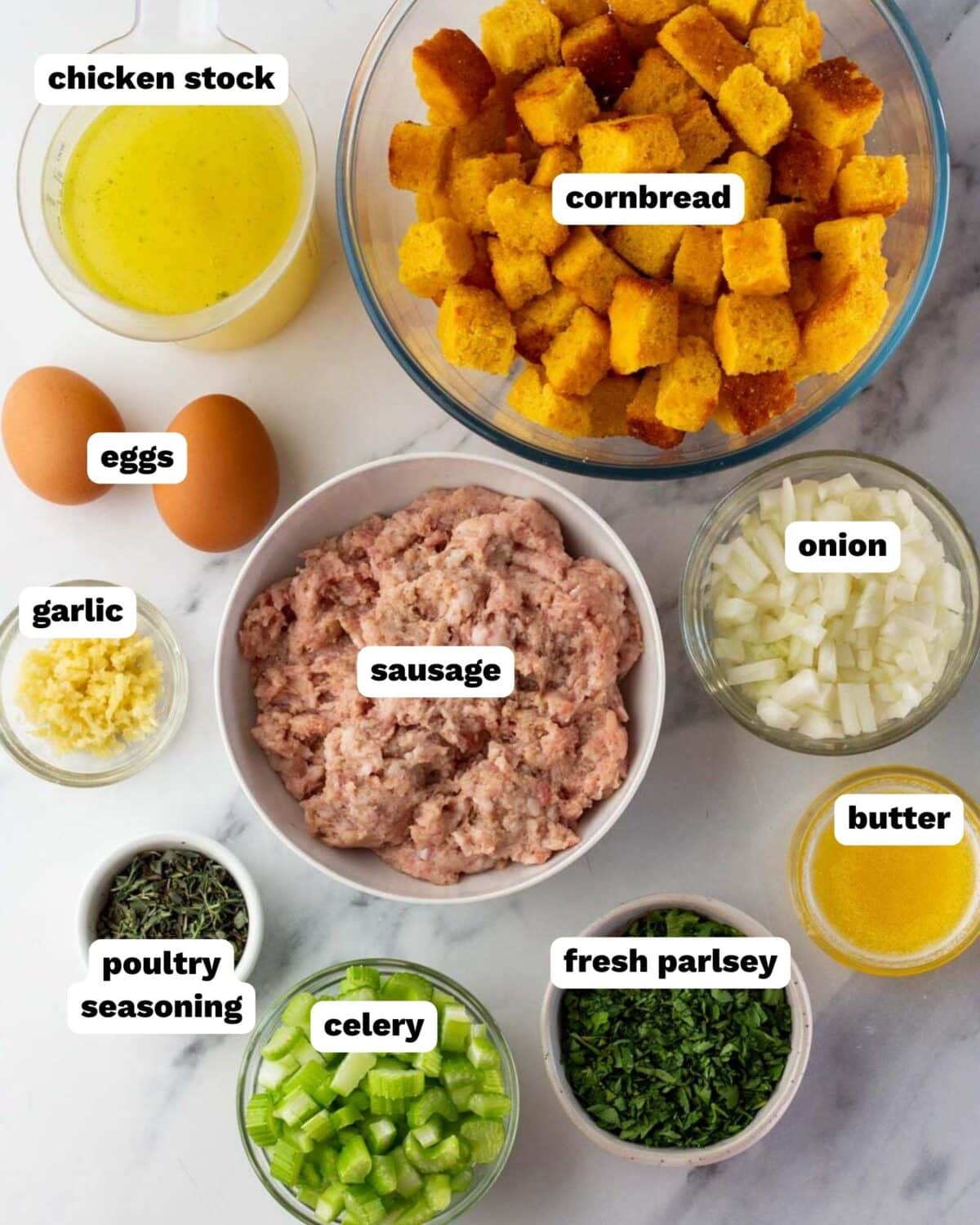 ingredients for sausage cornbread stuffing on a table