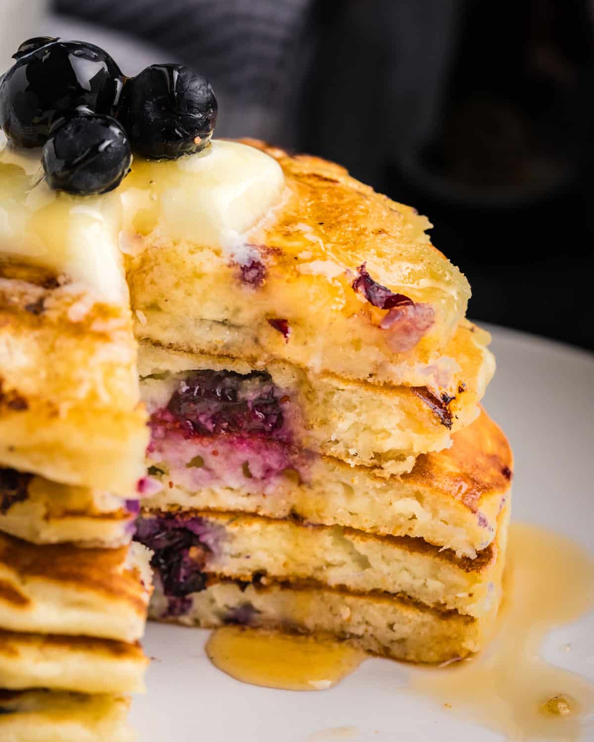 closeup of blueberry cottage cheese pancakes