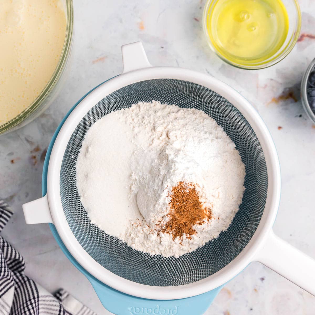 dry ingredients for pancake in a sifter