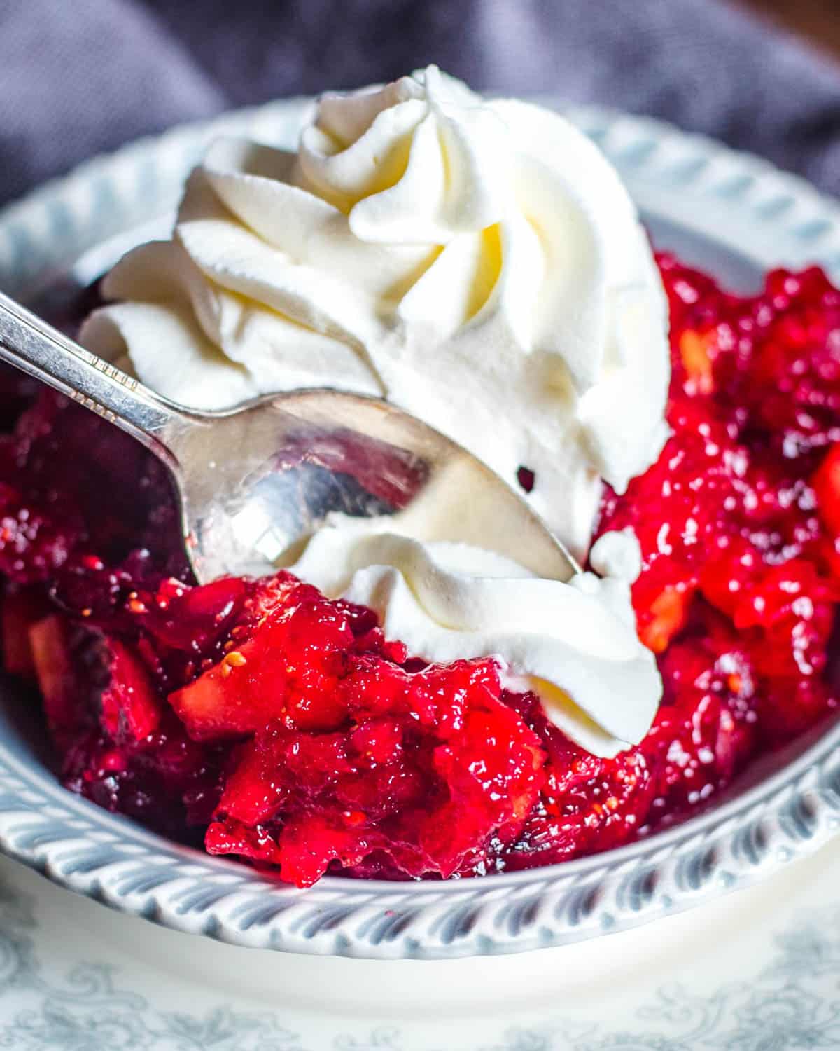 closeup of a bowl of cranberry jello salad with a spoon in it