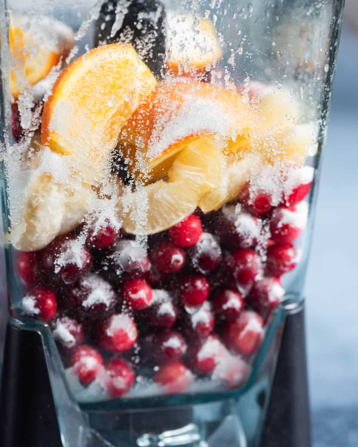 cranberries, oranges, lemons in a blender, unblended