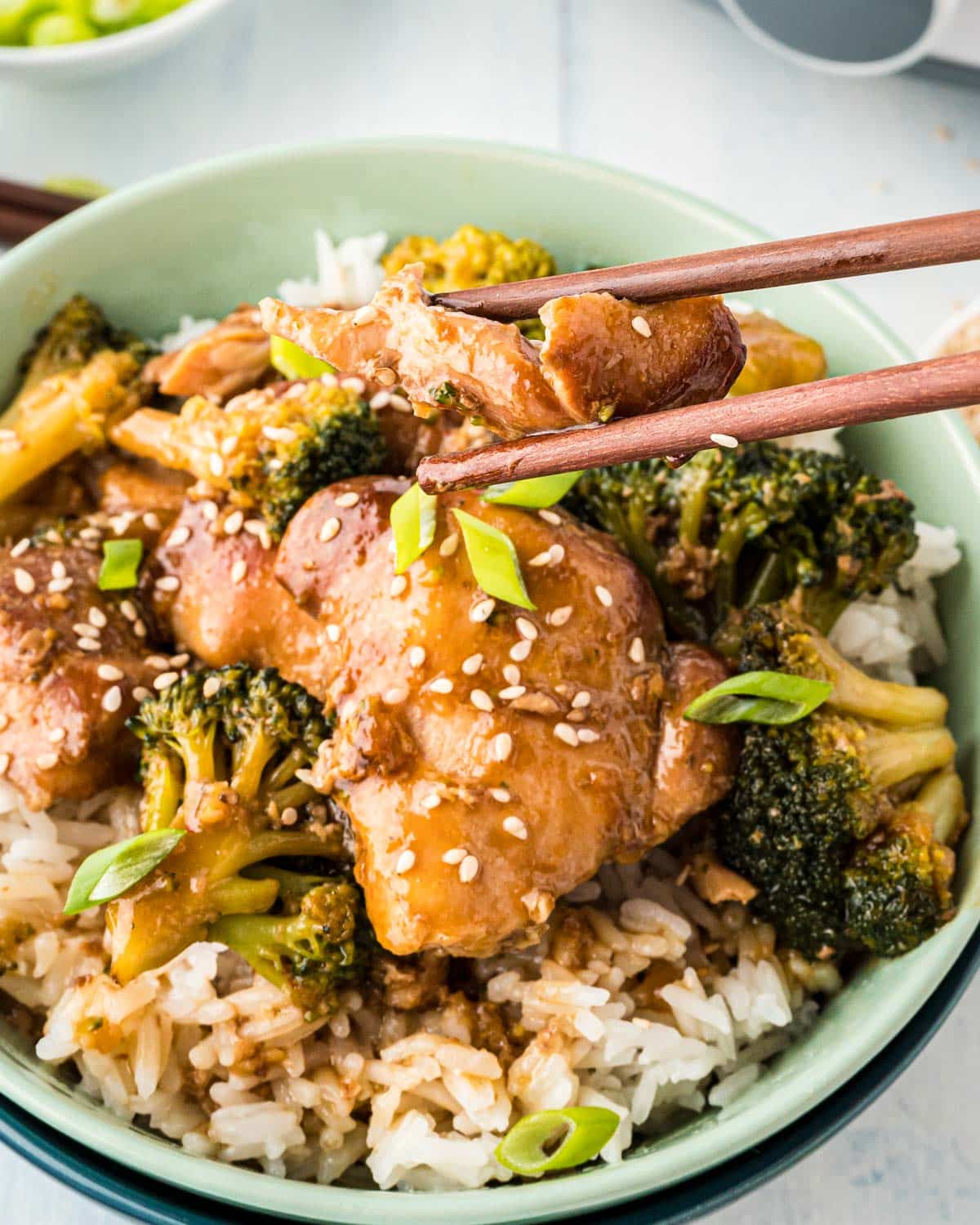 broccoli chicken and rice in a bowl