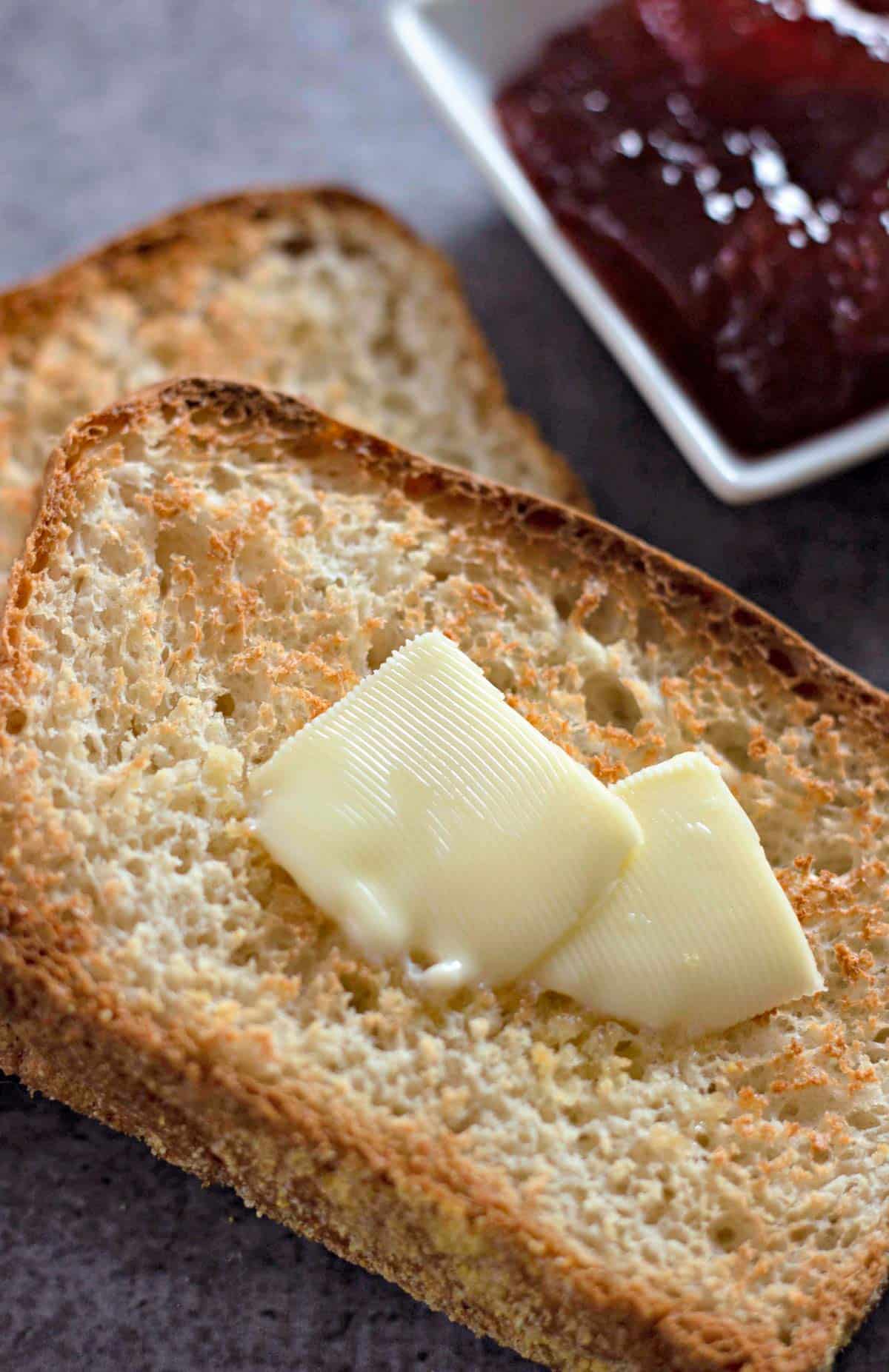 closeup of english toast with butter