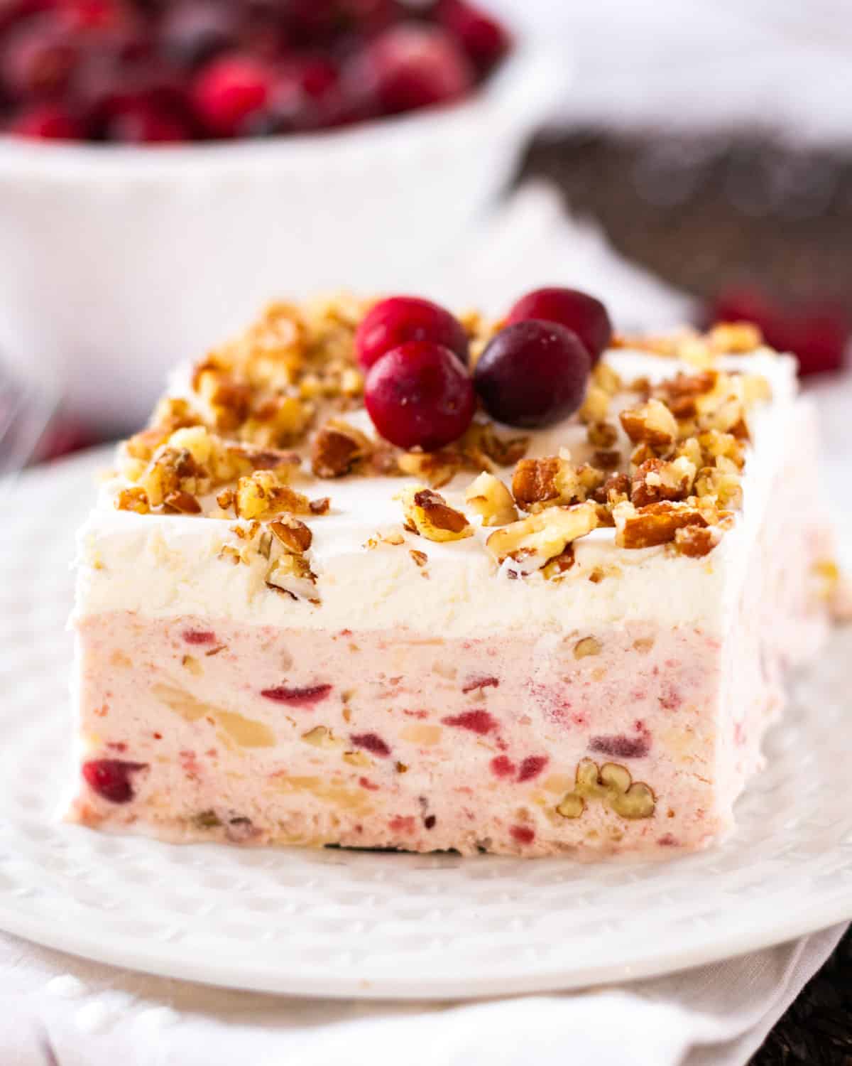 a piece of a creamy frozen cranberry dessert on a table