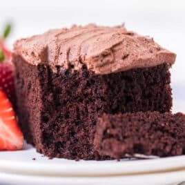 closeup of a piece of chocolate mayonnaise cake on a plate