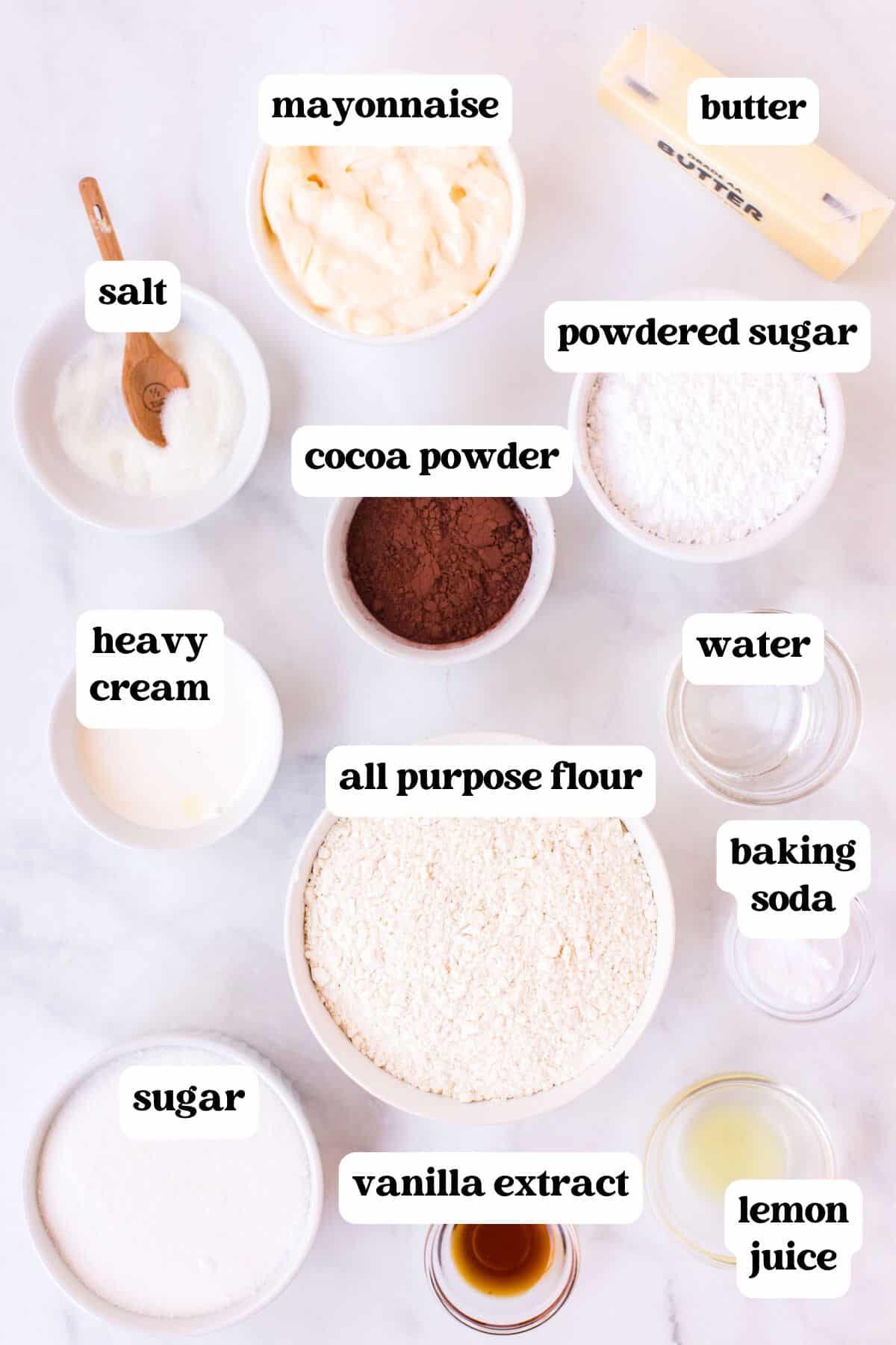 ingredients for mayonnaise cake on a table