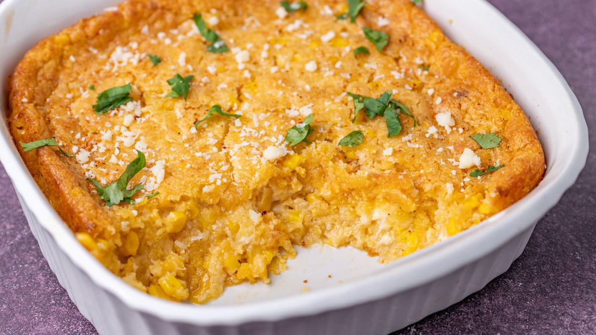 closeup of mexican street corn casserole in a baking pan