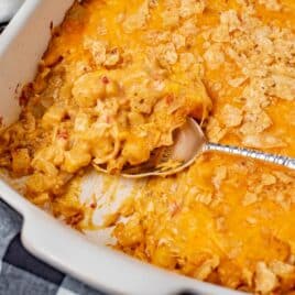 closeup of a spoon in a nacho chicken casserole