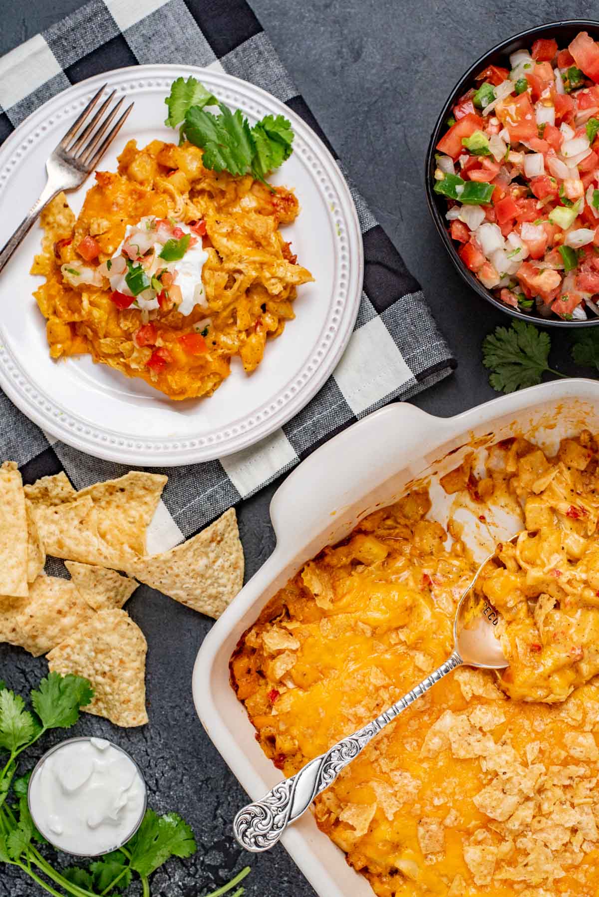 overhead view of nacho chicken casserole on a table