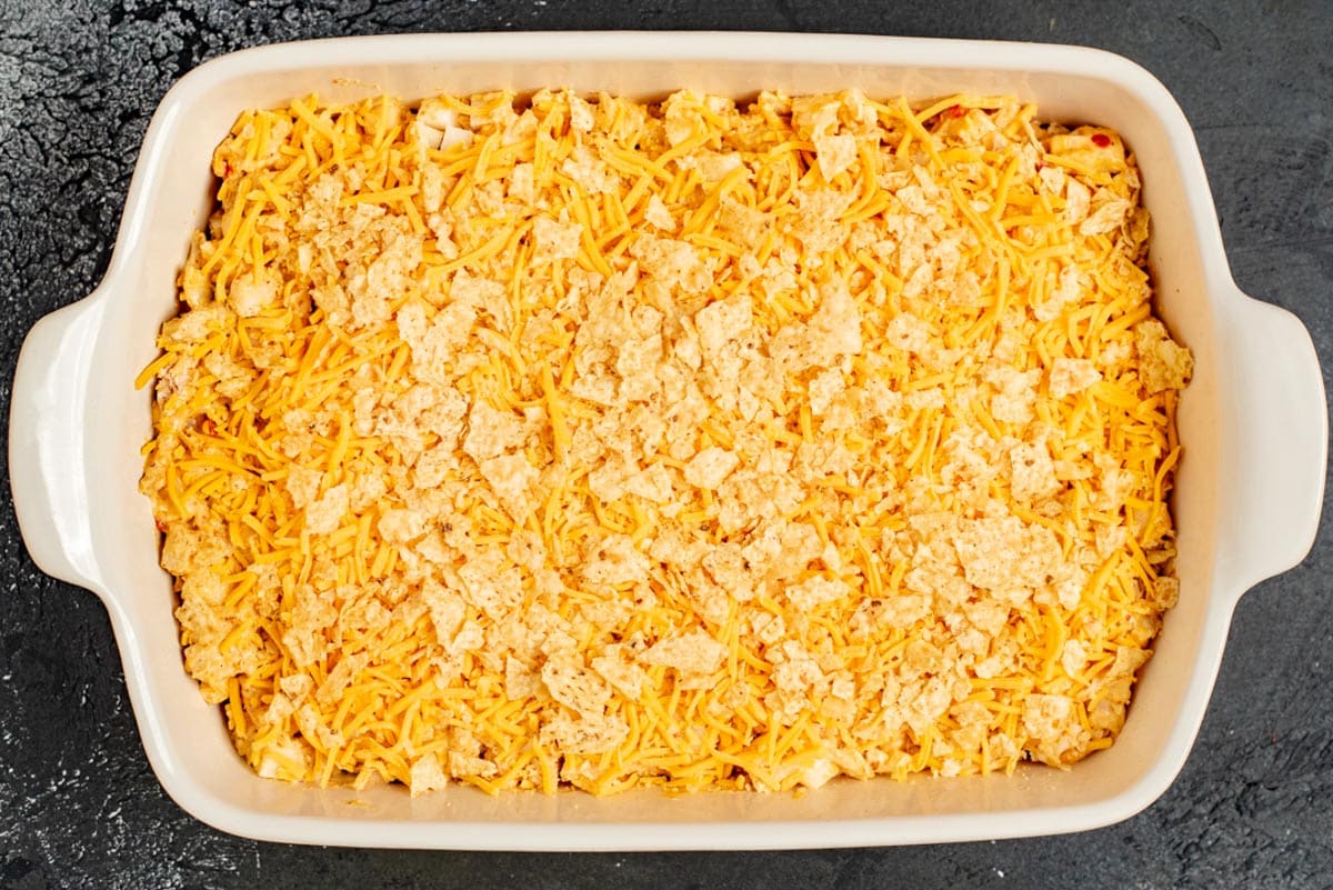 overhead view of unbaked nacho chicken casserole