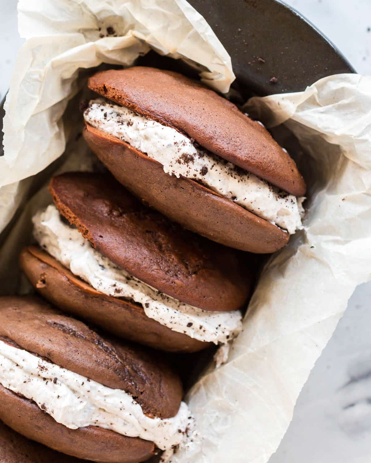 closeup of Oreo whoopie pies in a pan