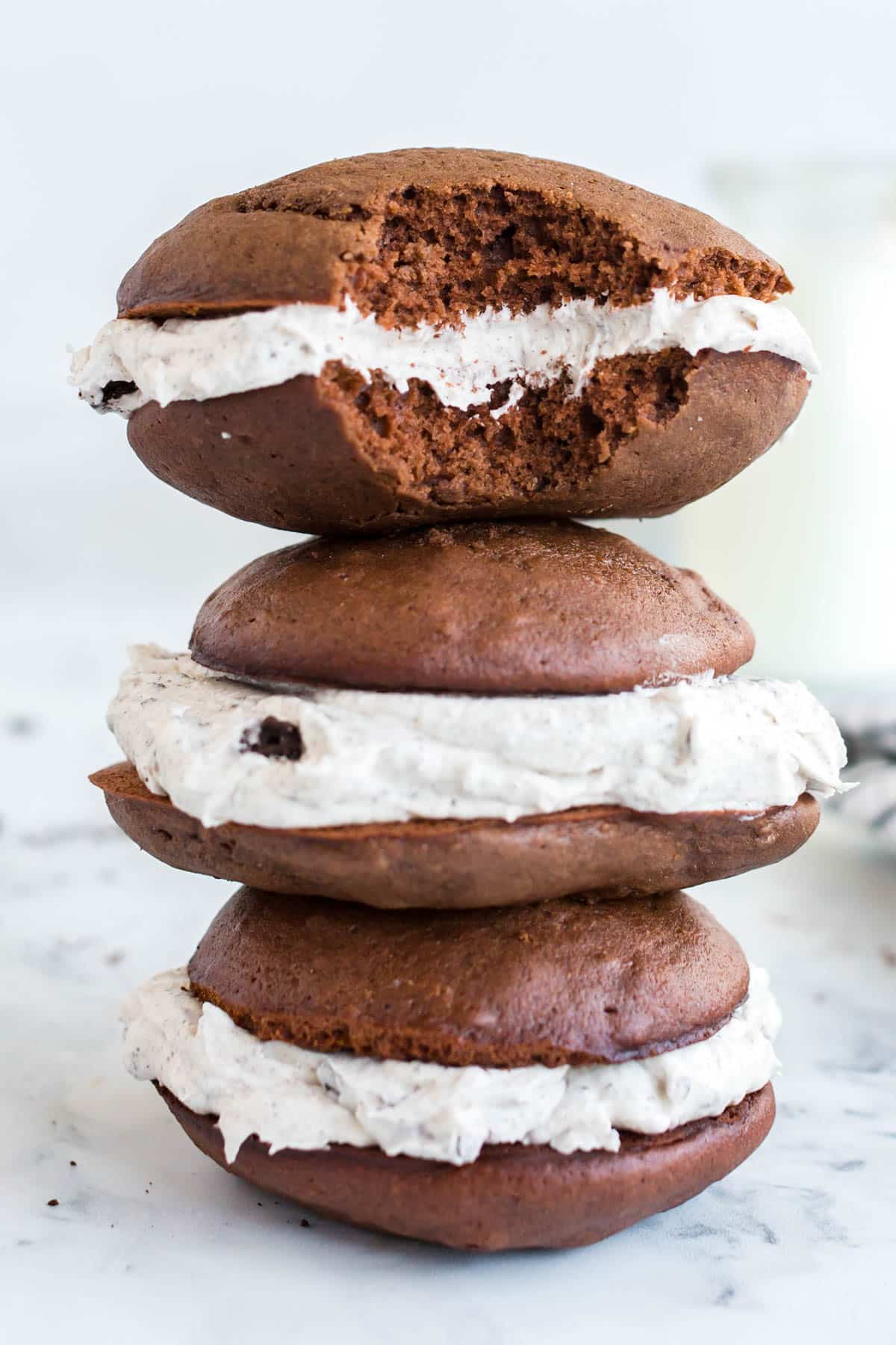 3 oreo whoopie pies stacked on each other