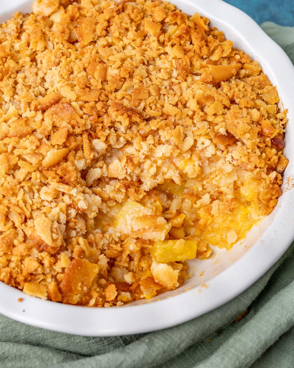 closeup of pineapple casserole in a baking dish