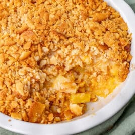 closeup of pineapple casserole with ritz crackers