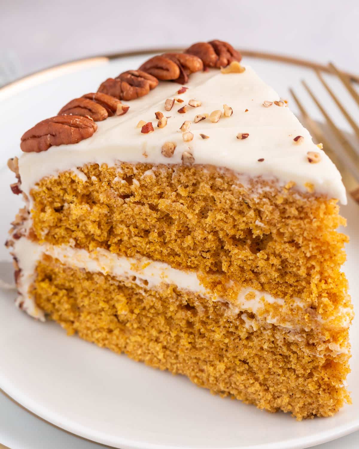 a slice of pumpkin spice cake on a plate