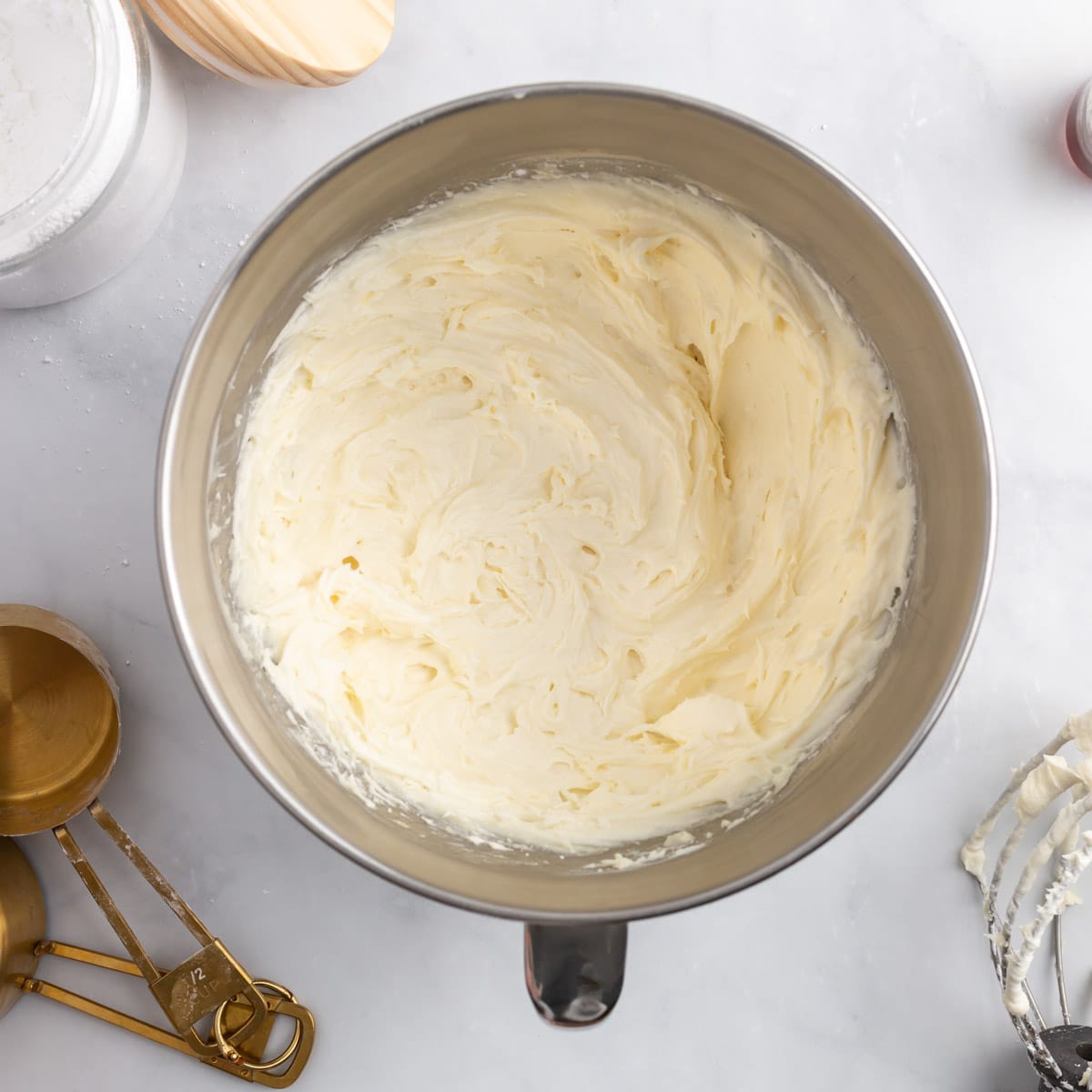 cream cheese frosting in a mixing bowl