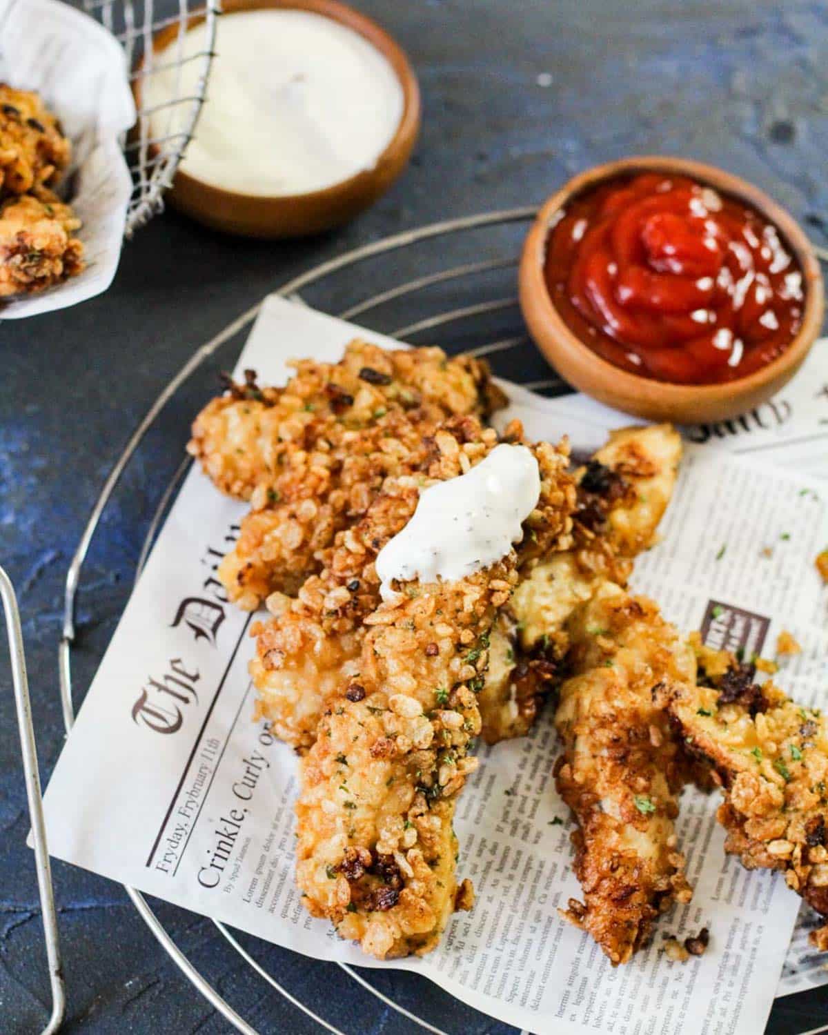 rice krispie fried chicken with dipping sauces