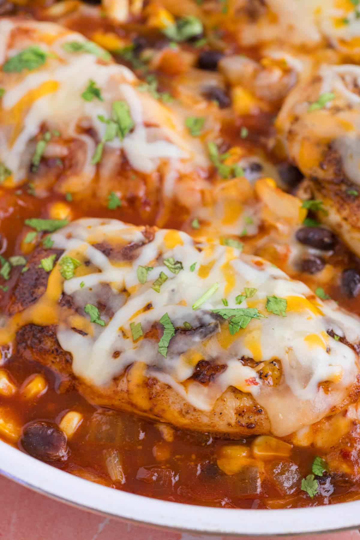 chicken in a skillet with salsa, beans, corn and cheese