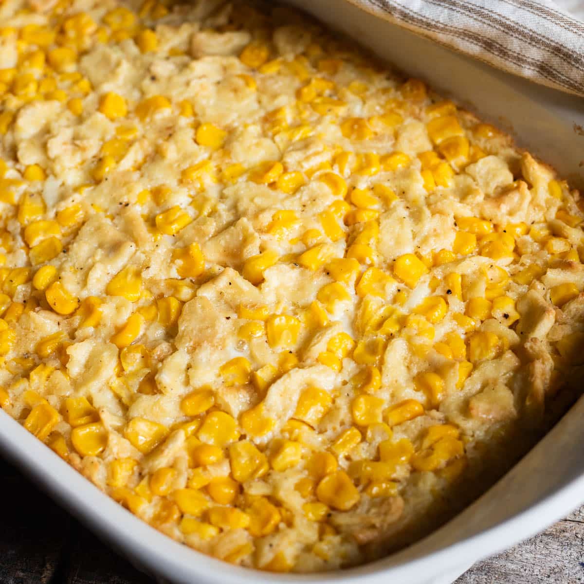 scalloped corn in a baking dish