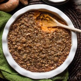 sweet potato casserole in a round white baking dish