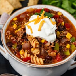 taco soup with noodles and sour cream