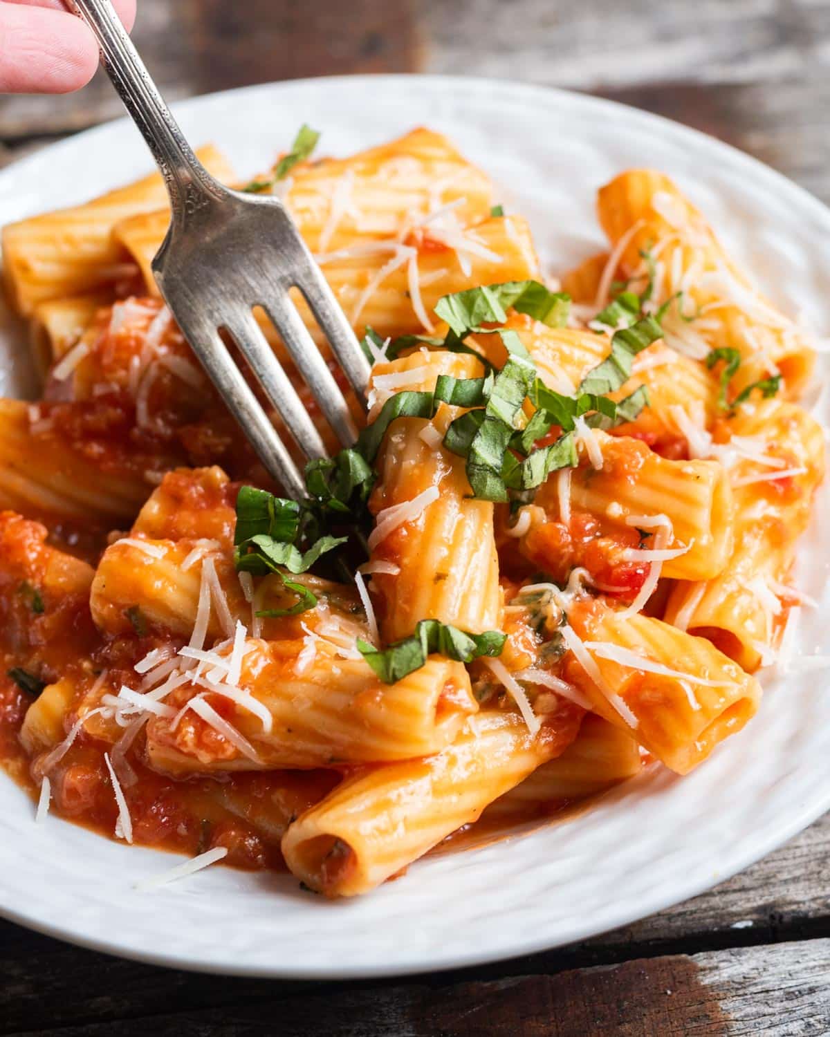 a fork going into rigatoni with tomato parmesan sauce