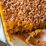 closeup of healthy sweet potato casserole with nuts