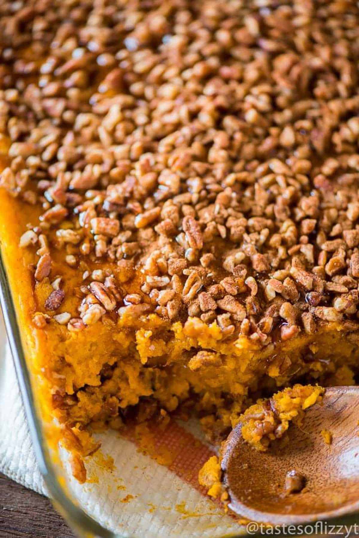 overhead view of healthy sweet potato casserole with nuts