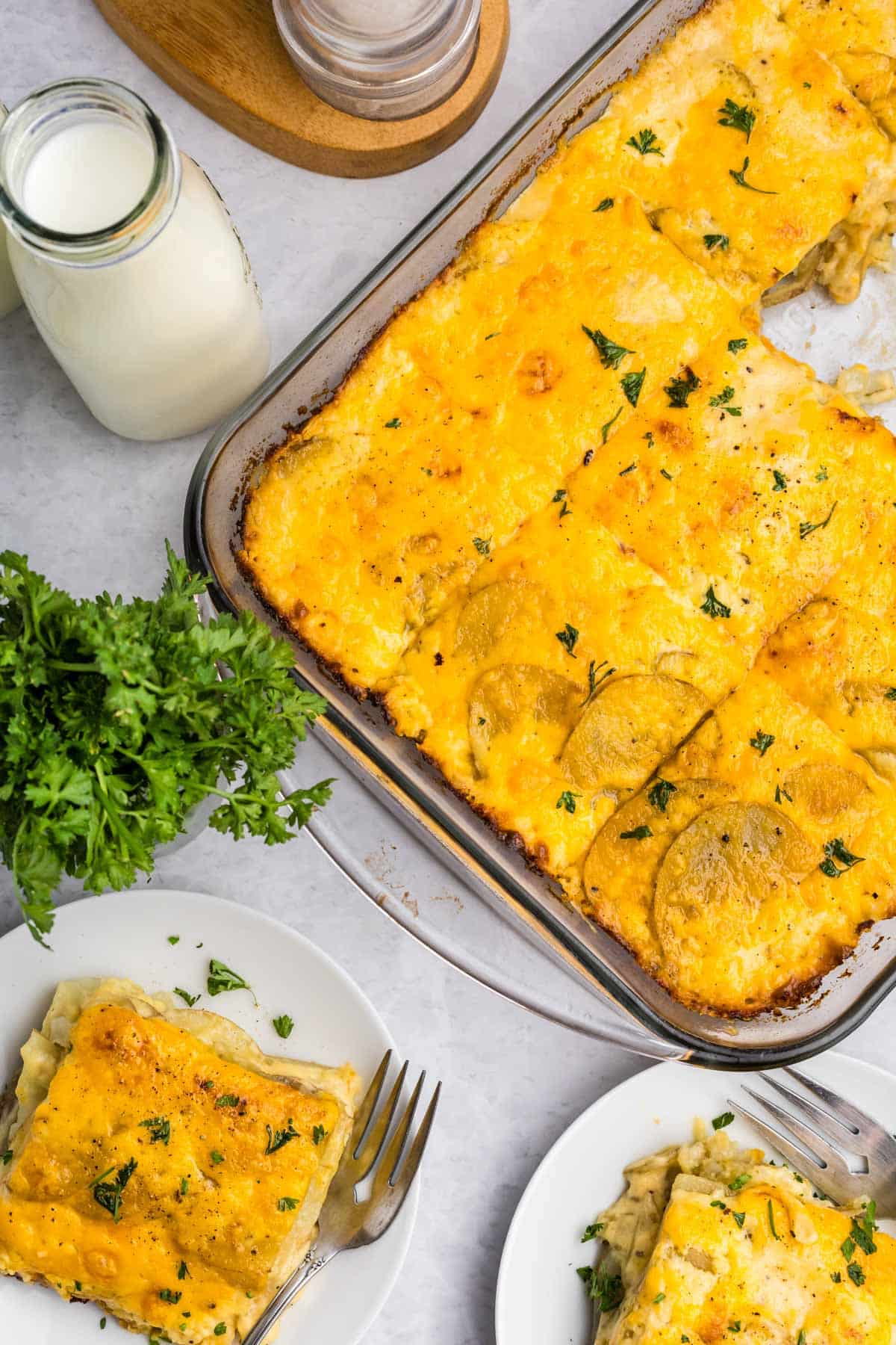 overhead view of au gratin potatoes in a casserole