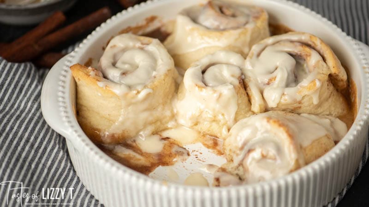 closeup of a pan of biscuit cinnamon rolls