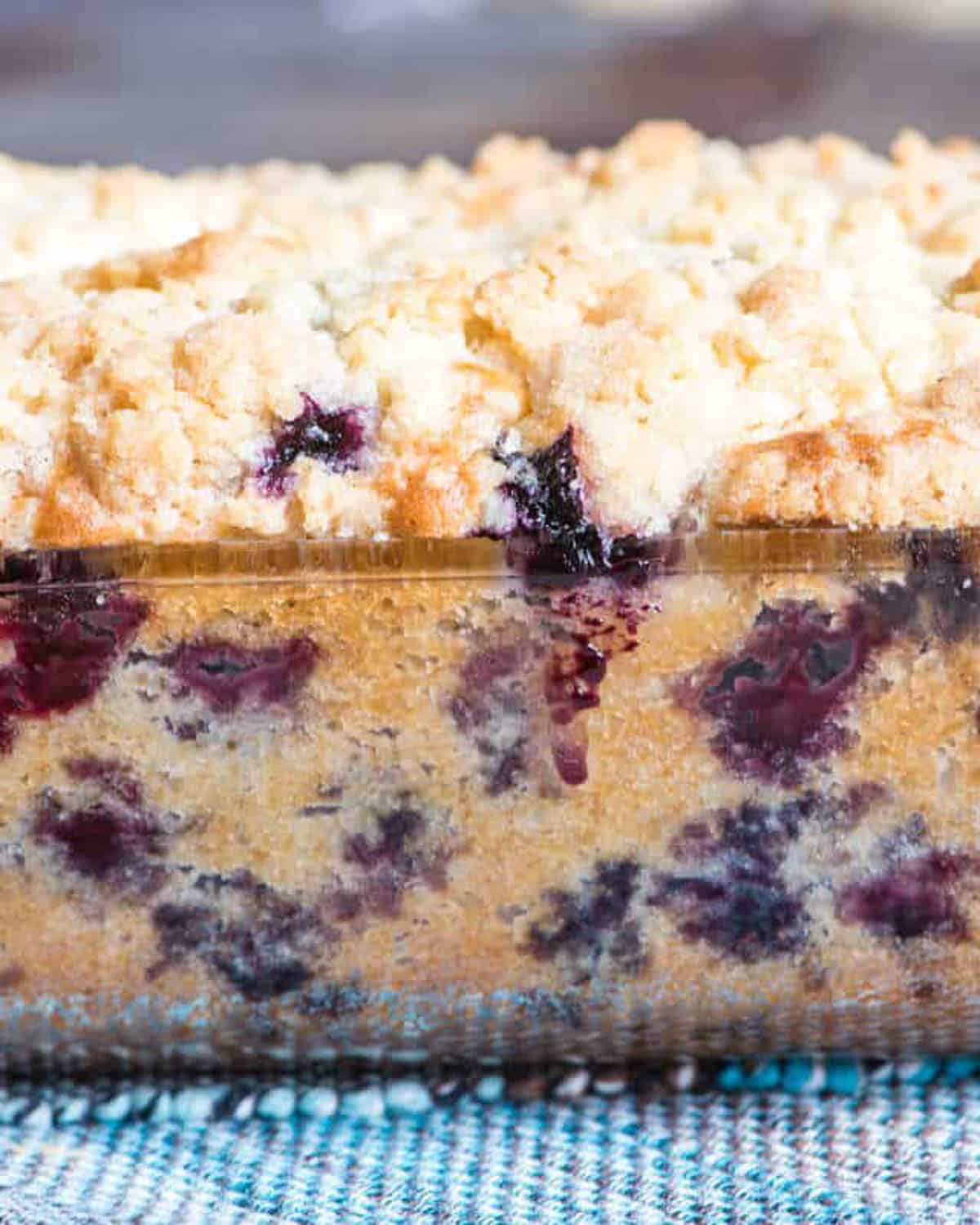 closeup of blueberry bread baked in a pan