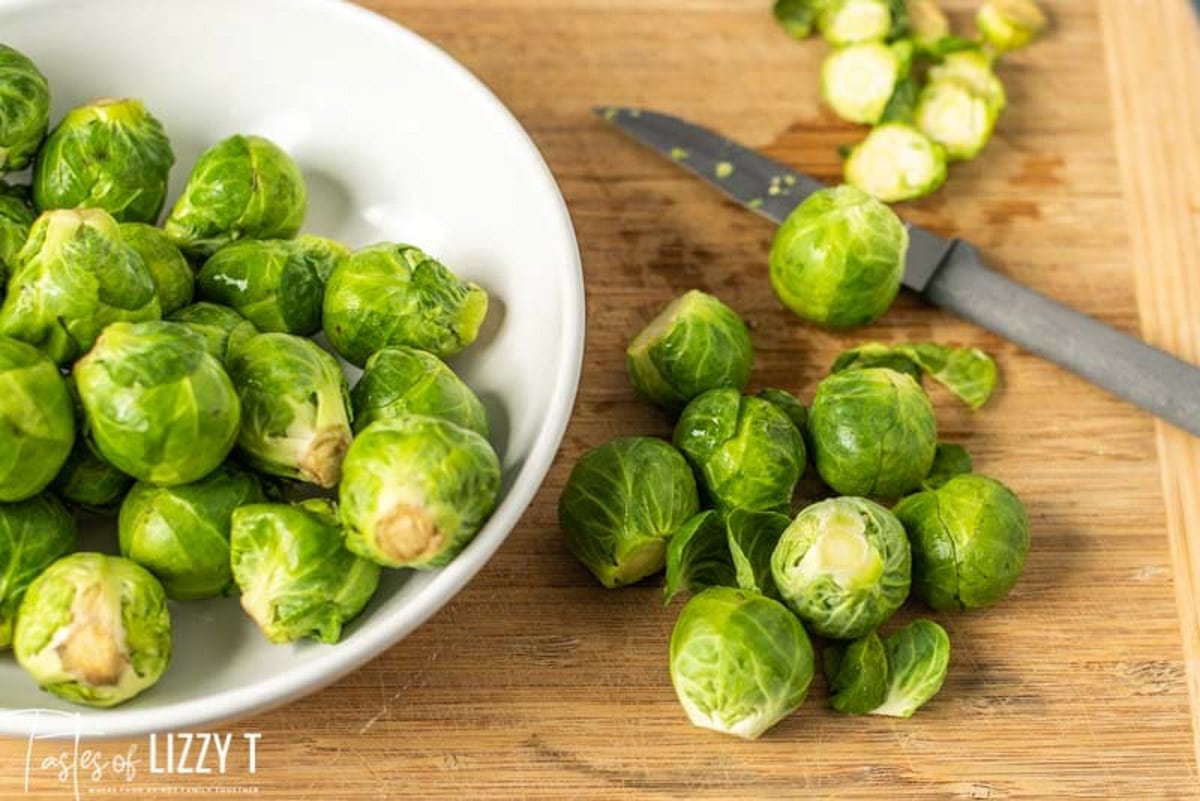 brussels sprouts on a cutting board