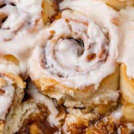 closeup of gooey cake mix cinnamon rolls