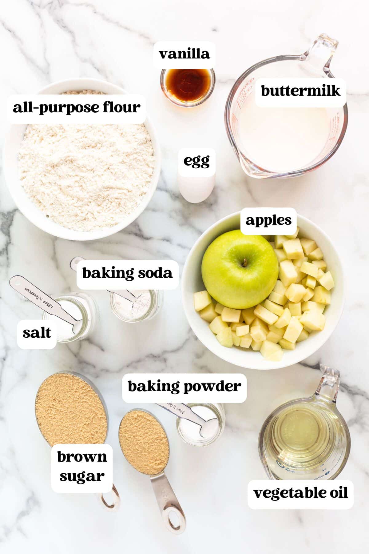 ingredients for caramel apple muffins on a table