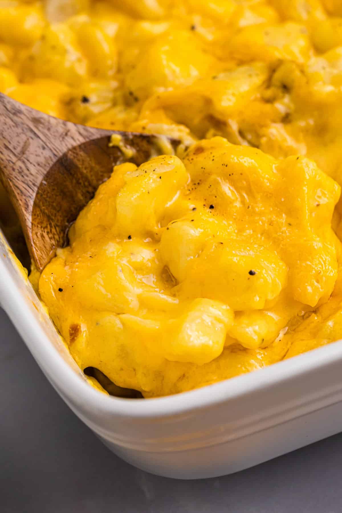 closeup of cheesy potatoes in a casserole