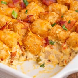 closeup of creamy tater tot casserole in a baking dish