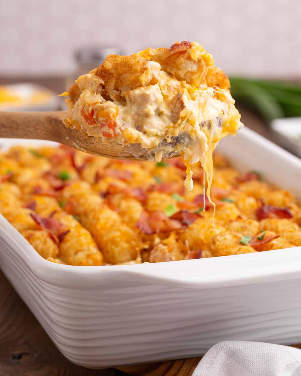 a spoonful of creamy cheesy chicken casserole