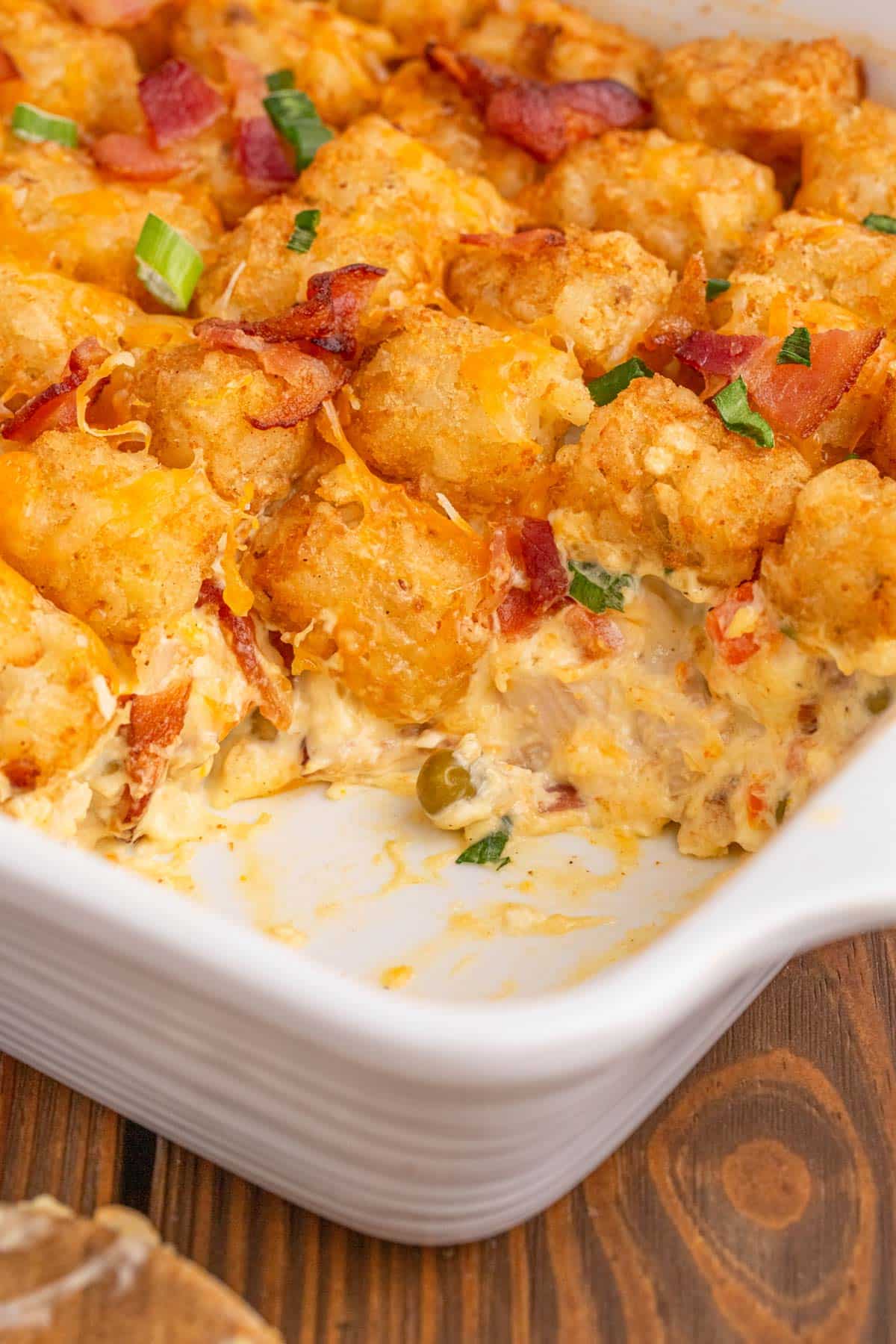 chicken casserole with tater tots and bacon on top