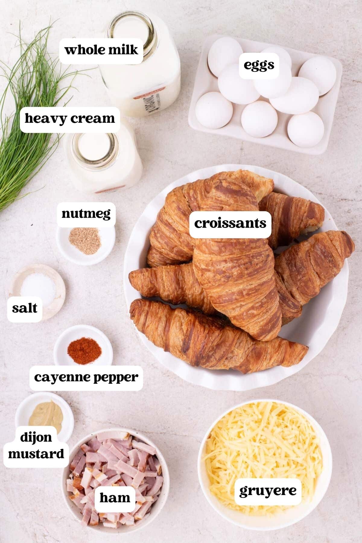 ingredients for croissant breakfast bake on a table