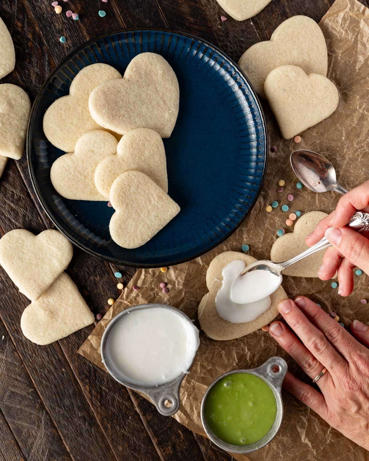 overhead view of decorating sugar cookies