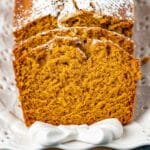 closeup of pumpkin bread slices on a plate