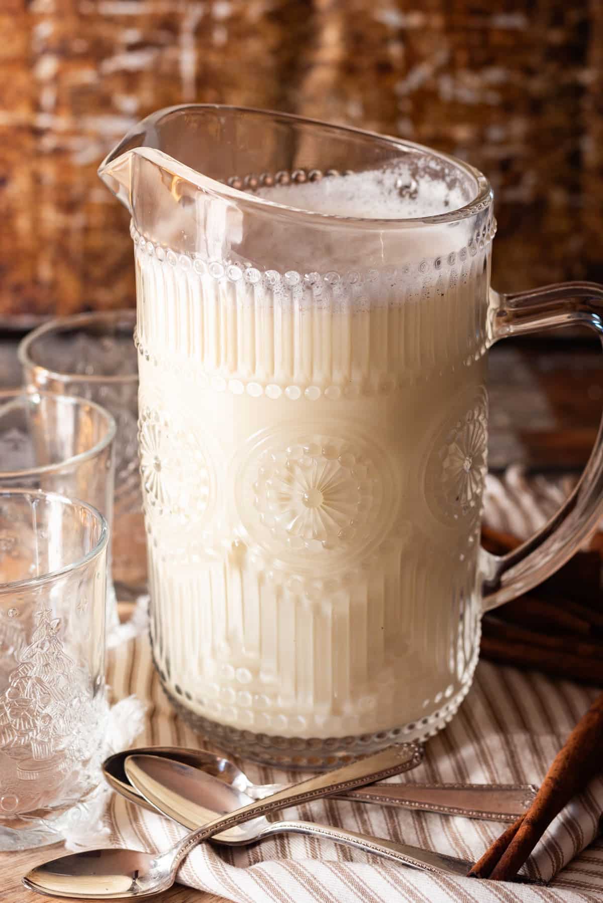 a pitcher of homemade eggnog