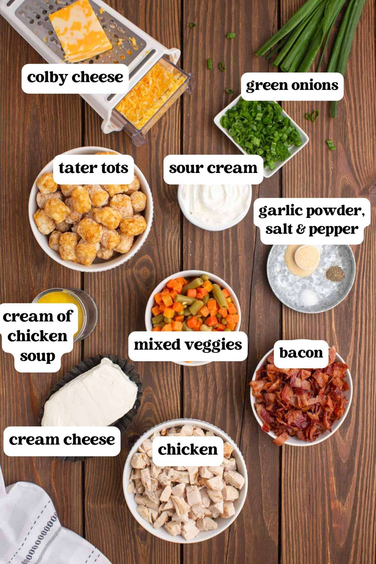 ingredients for tater tot casserole on a table